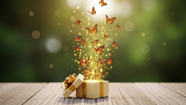 Beautiful open gift box with glowing butterflies and sparkling lights emerging into a vibrant green blurred background perfect for celebration and surprise themes