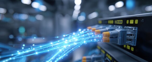 Fototapeta premium Ethernet cables pulse with energy amid sleek digital circuits in a vibrant modern office
