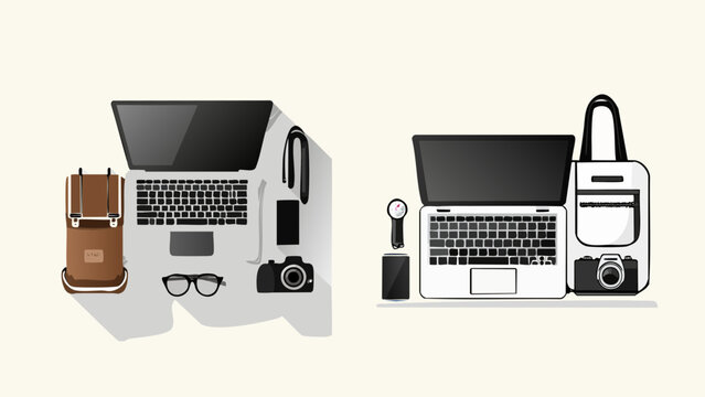 Flat lay of modern mobile office setup with laptop, camera, and accessories, presented from a top-down perspective