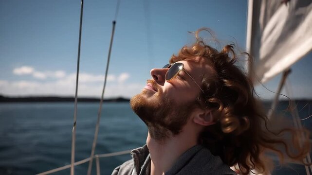 Profile of a bearded man with long curly hair wearing sunglasses and enjoying the sun and wind on his face while sailing on the ocean during a peaceful boat trip on a beautiful day
