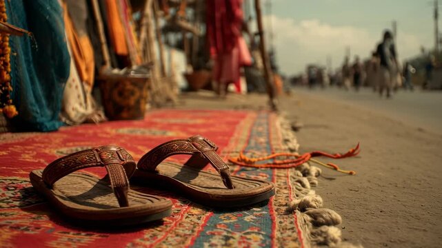 Traditional leather sandals resting on a vibrant carpet during a pilgrimage