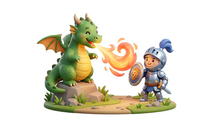 Naklejka premium A friendly cartoon dragon breathes fire at a brave knight in shining armor, set in a whimsical outdoor scene.