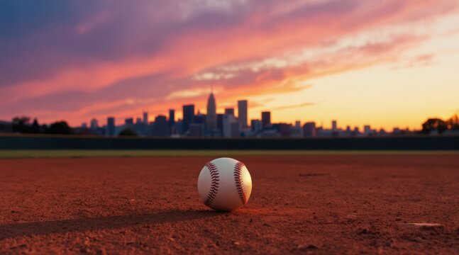 Baseball sits on dirt infield at sunset with city skyline. Orange sky fades to yellow with clouds above urban buildings. Dusk light illuminates the baseball field.