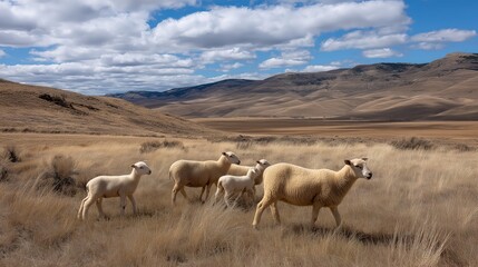 Fototapeta premium Small group of sheep explore open field under blue sky with scattered clouds in afternoon light