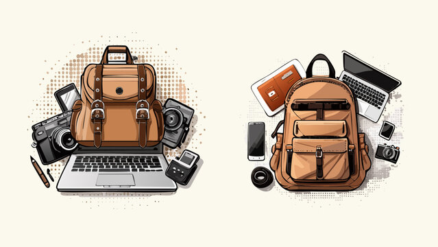 A compilation of photography and travel essentials including a backpack, laptop, camera, and accessories, perfect for digital nomads