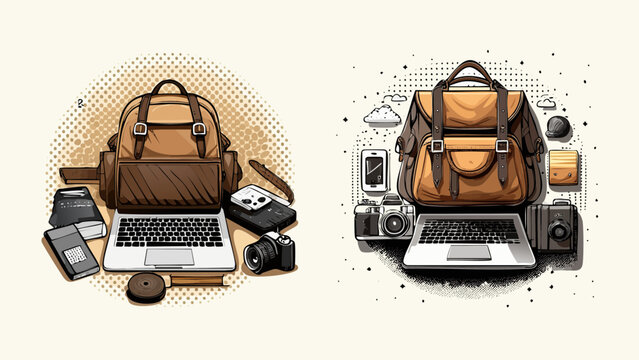 A collection of travel and work essentials including a backpack, laptop, and camera, illustrating the concept of digital nomadism and remote work setup
