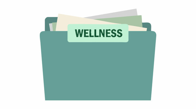 Green file folder with 'WELLNESS' label and documents, isolated