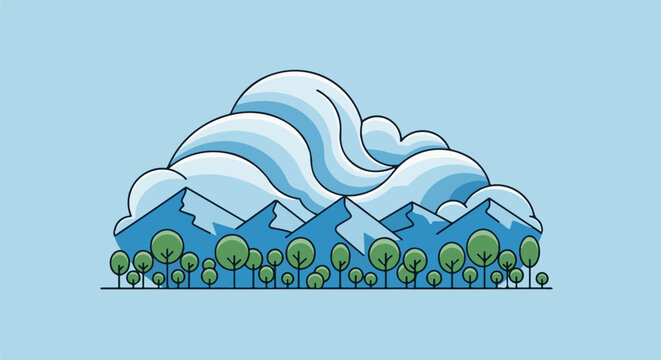 Stylized mountain range with trees and flowing clouds against a light blue sky