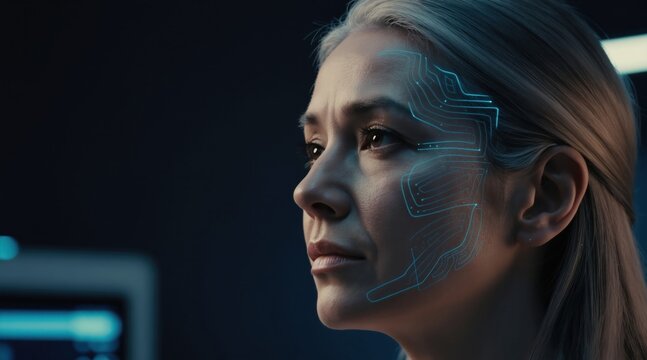 Woman has glowing futuristic lines overlaid on face, suggesting tech, science, and age reversal. Data visualization maps facial features for rejuvenation research. Digital overlay shows skin.