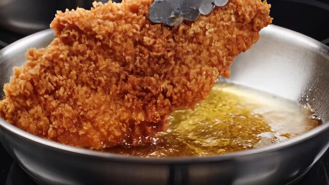 Breaded chicken cutlet frying in hot oil in a stainless steel pan.