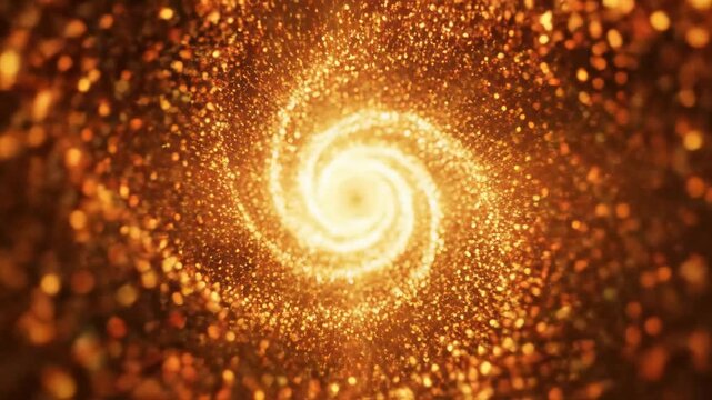 Abstract swirling tunnel of golden sparkling particles, vortex motion, bright light at the end, suitable for festive backgrounds and cosmic themes
