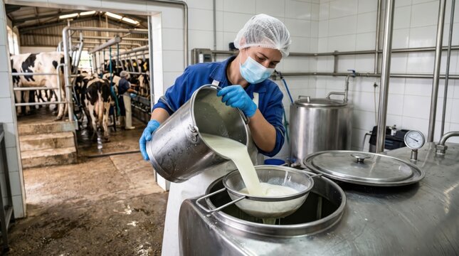 Worker pours fresh milk through filter into stainless tank while cows stay visible behind, showing real dairy production, hygiene and careful handling.