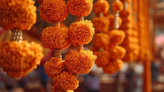 Vibrant Marigold Flower Garlands Hanging at a Hindu Religious Festival
