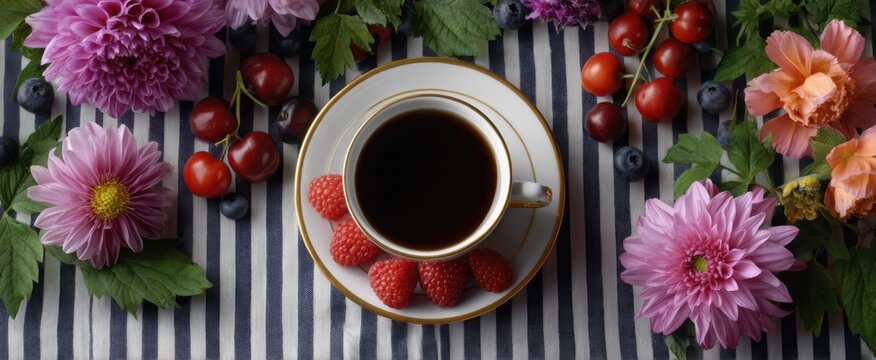 Warm spring coffee paired with ripe summer berries and vibrant seasonal blooms on striped cloth.