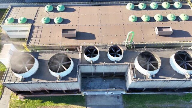 aerial, view, factory, cooling, system, fans, ventilation, industrial, roof, machinery, equipment, airflow, green, units, building, structure, environment, manufacturing, concrete, metal, blades, rota