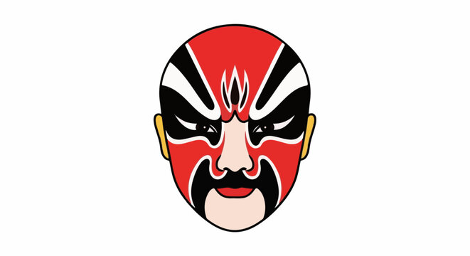 Stylized, colorful mask with bold black, white, and red face paint