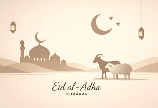 Beautiful Eid al Adha illustration featuring mosque silhouette, crescent moonand goat symbolizing qurbani. A perfect design for Islamic festival greetings, banners, posters, and social media content.