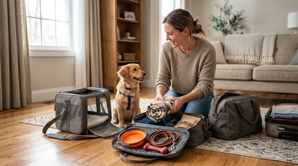 Plakat Pet travel bag packed with leash, bowl, blanket, and toys shows practical trip preparation, everyday pet care, and realistic routine before leaving home.