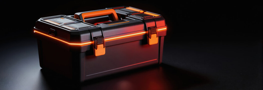 Futuristic tool box with orange neon light accents. This heavy duty container for tools and equipment looks modern and secure, perfect for tech or construction themes. Isolated on black.