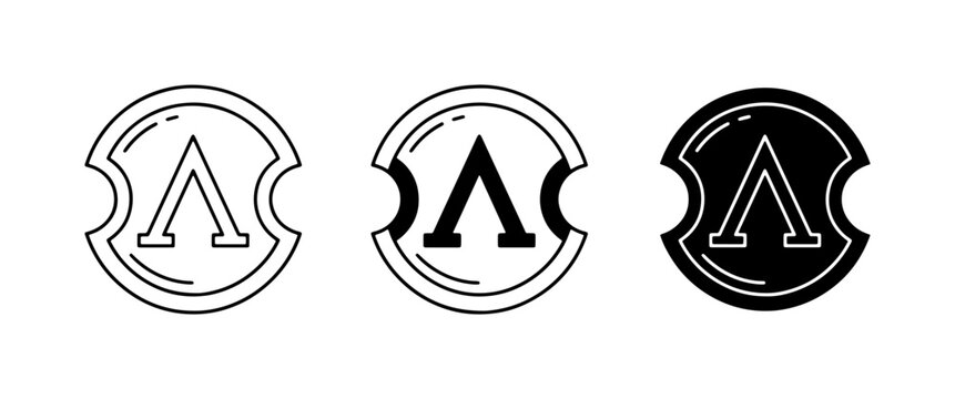Spartan Lambda Shield Icons, Ancient Greek Military Symbol Vector Set, Black and White Emblem Collection for Warrior Spirit and Strength