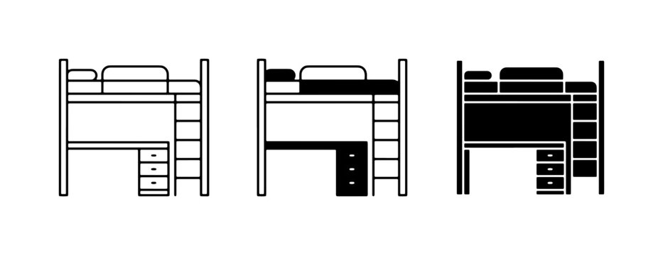 Bunk Bed Icons, Loft Bed Designs, Space-Saving Furniture Set, Dormitory and Bedroom Furniture Vector Graphics
