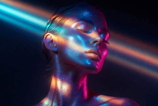 Subject: A woman with shimmering skin. Action: Illuminated by vibrant light, she appears to be meditating or lost in thought. Setting: A dark, abstract space with neon lighting.