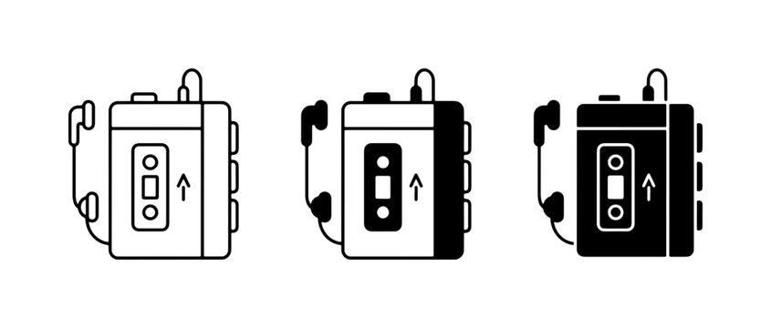 Retro Portable Cassette Player Icons, Vintage Walkman Music Player Set, Old School Audio Device Graphics, Nostalgic Entertainment Vector Collection
