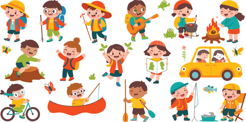 Obraz premium Cute hiking kids enjoying summer camp outdoor activities including camping fishing rafting trekking vector illustration set