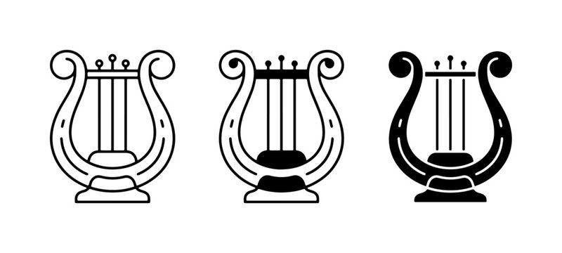 Lyre Vector Icons Set, Ancient Musical Instrument Graphics, Classical Stringed Harp Symbols, Black and White Outline Designs for Music and Culture