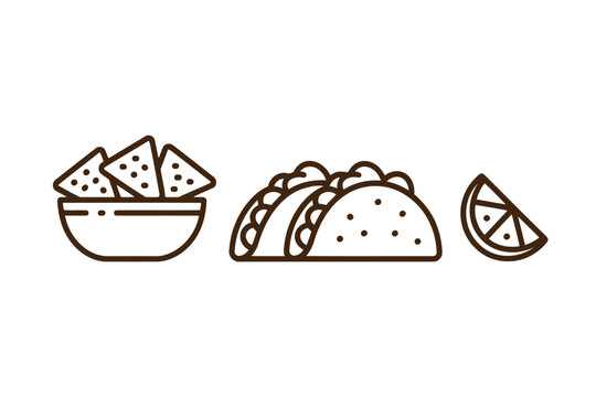 Line of nacho chips in a bowl tacos and a lime slice