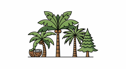 Obraz premium Stylized illustration of tropical palm trees and a conifer with coconuts