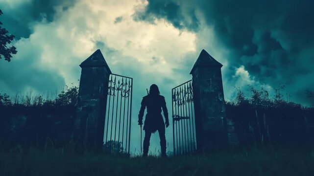 Dark Silhouette Standing at Open Gates Under Stormy Sky Cinematic Scene
