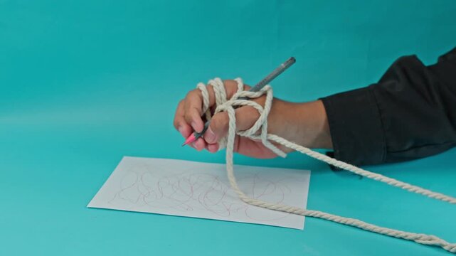 Close-Up Of Writer'S Hand Constrained By Rope Against Blue Background For Suppression Of Press Freedom And Restriction Of Creative Expression