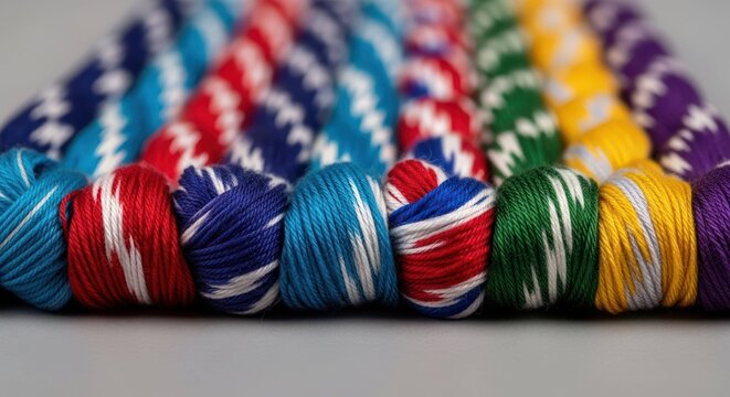 Macro photo of colorful threads, yarn, in a row. Close-up on vibrant red, blue, green, yellow, purple, and white embroidery threads in a soft light.