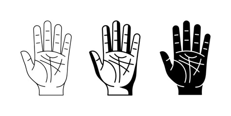 Fototapeta premium Palmistry Hand Icons, Fortune Telling Symbols, Chiromancy Line Art, Mystical Prediction Graphics, Psychic Reading Vector Set