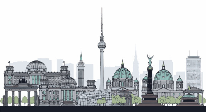 Stylized cityscape with iconic structures and a prominent observation tower