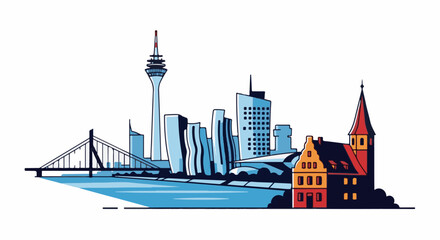 Obraz premium Stylized cityscape with bridge, tower, modern buildings, and old architecture