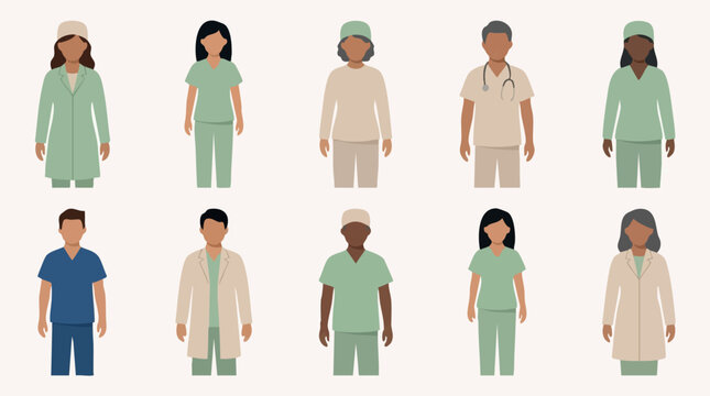 Diverse group of healthcare professionals in uniform flat vector illustration