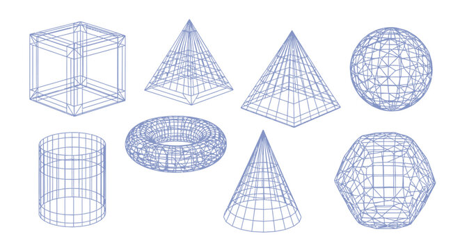 Collection of geometric wireframe shapes on blue background