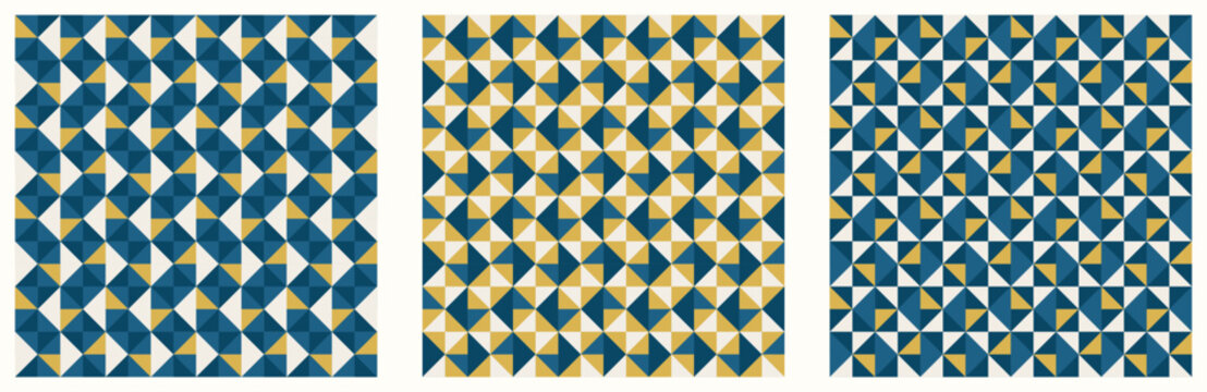 Teal and golden, color tessellation set, bundle of modern seamless vector patterns. Neutral retro colors. Repeatable design for fabric collection, wallpapers,