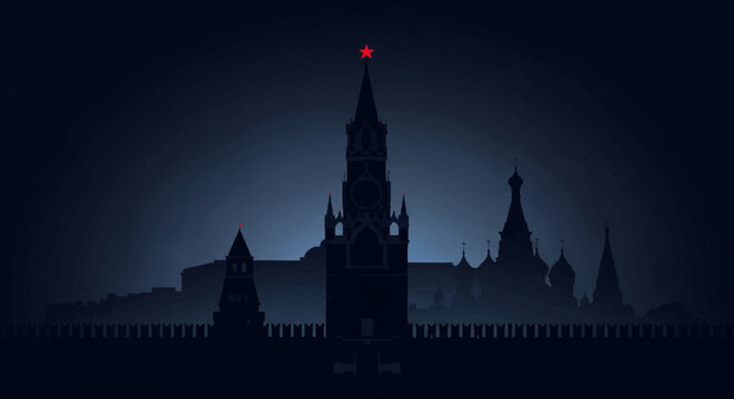 Moscow Kremlin Red Star Silhouette at Night, Dramatic Skyline
