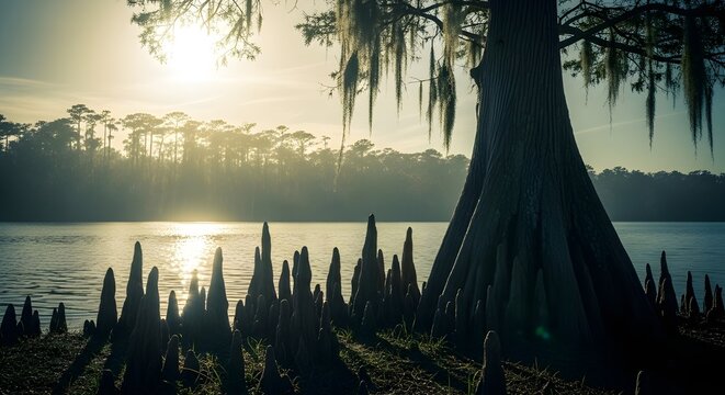 A serene landscape of a tree with spanish moss hanging from its branches, standing on the shore of a calm lake or river at sunrise or sunset, surrounded by other trees and vegetation in the background
