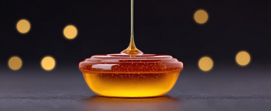 Golden syrup droplets dance like liquid jewels splashing on a smooth shiny surface.