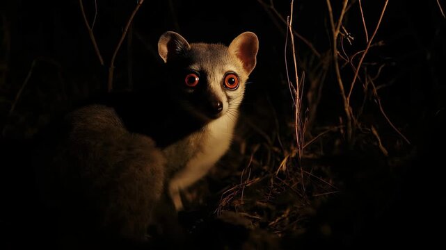 Nocturnal bushbaby with large, glowing red eyes sitting among branches in the darkness. Small galago primate cautiously looking around its natural habitat, partially illuminated by a warm light