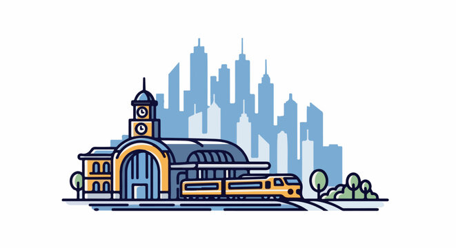 Stylized train station with clock tower and city skyline background