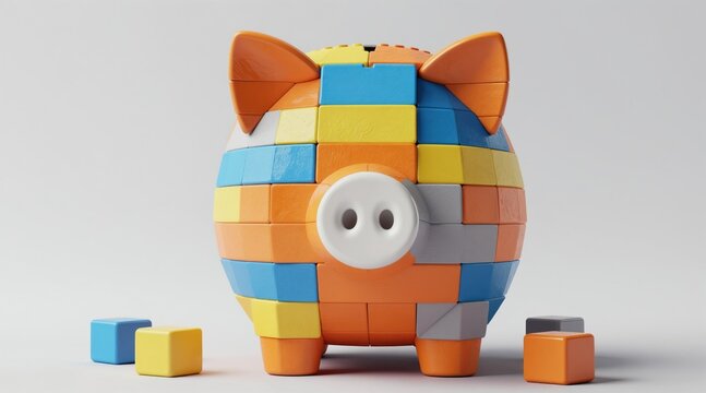Piggy bank made of colorful building blocks. This toy money box is a geometric, three dimensional object used for saving money and teaching finance. Colorful blocks form savings concept.