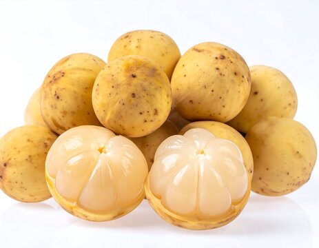 Fresh langsat fruits, one peeled, on white background