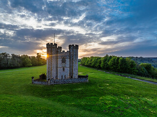 Sunset over Hiorne's Tower from a drone, Arundel, West Sussex, England © Maciej Olszewski