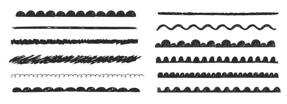 Scribble scalloped border simple divider ornament edge cutout decoration chalk or crayon texture. Wavy edge frames brush, dividers.