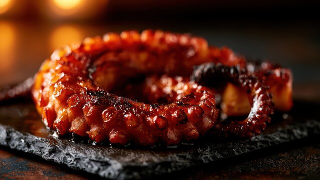 Succulent grilled octopus tentacle, artfully charred and glistening, presented on a dark textured plate.